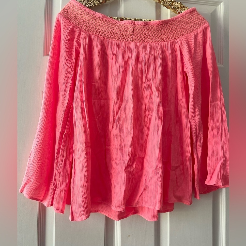 Lilly Pulitzer Off the Shoulder Katya Top Hot Coral Gold Stitching Sz Small - Picture 3 of 9